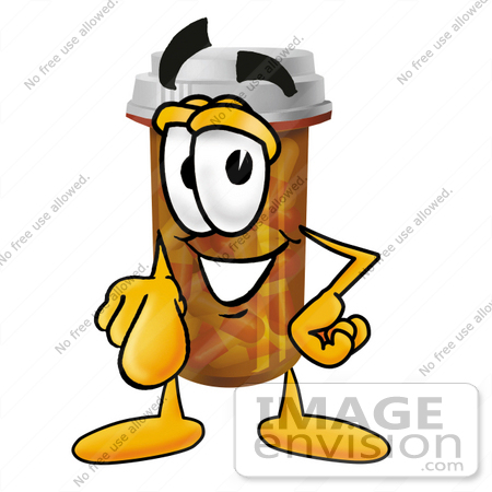 #24933 Clip Art Graphic of a Medication Prescription Pill Bottle Cartoon Character Pointing at the Viewer by toons4biz