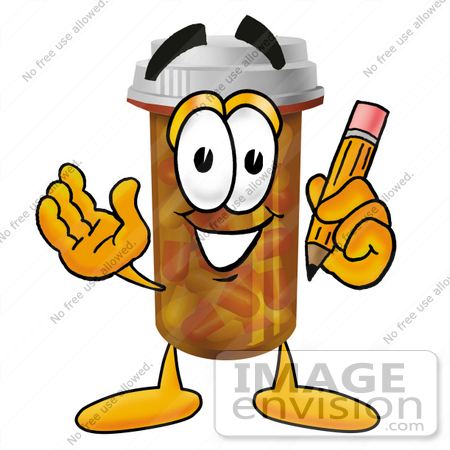 #24934 Clip Art Graphic of a Medication Prescription Pill Bottle Cartoon Character Holding a Pencil by toons4biz