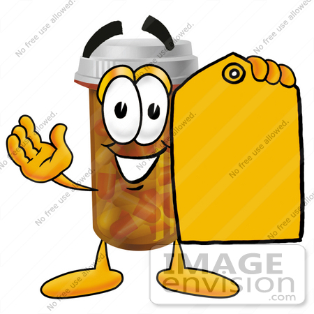 #24936 Clip Art Graphic of a Medication Prescription Pill Bottle Cartoon Character Holding a Yellow Sales Price Tag by toons4biz