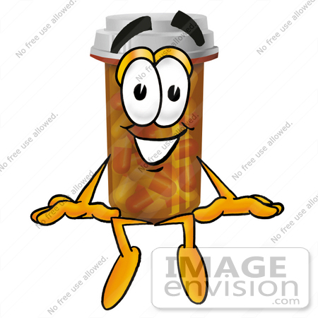 #24937 Clip Art Graphic of a Medication Prescription Pill Bottle Cartoon Character Sitting by toons4biz