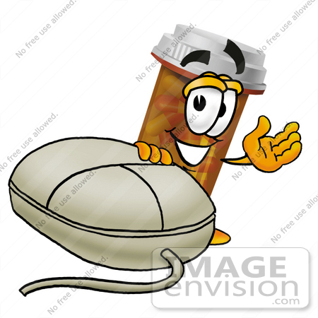 #24939 Clip Art Graphic of a Medication Prescription Pill Bottle Cartoon Character With a Computer Mouse by toons4biz