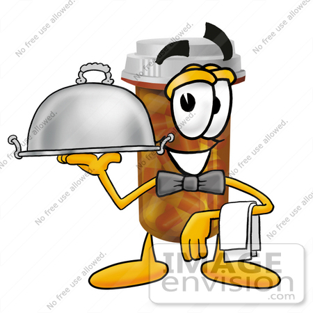 #24947 Clip Art Graphic of a Medication Prescription Pill Bottle Cartoon Character Dressed as a Waiter and Holding a Serving Platter by toons4biz
