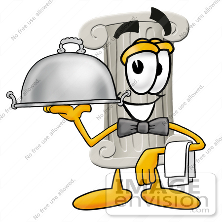 #24950 Clip Art Graphic of a Pillar Cartoon Character Dressed as a Waiter and Holding a Serving Platter by toons4biz