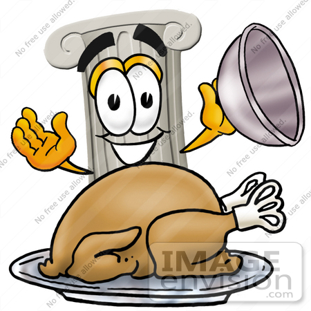 #24956 Clip Art Graphic of a Pillar Cartoon Character Serving a Thanksgiving Turkey on a Platter by toons4biz