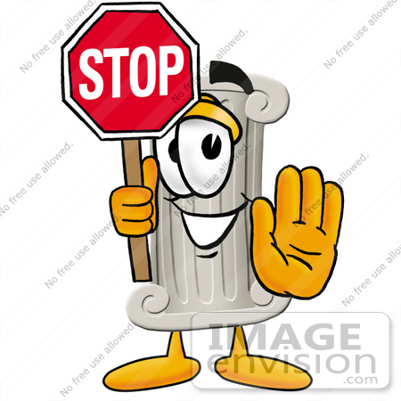 #24959 Clip Art Graphic of a Pillar Cartoon Character Holding a Stop Sign by toons4biz