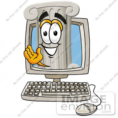 #24975 Clip Art Graphic of a Pillar Cartoon Character Waving From Inside a Computer Screen by toons4biz