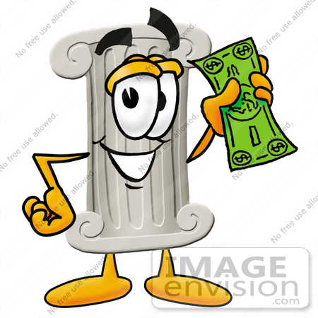 #24976 Clip Art Graphic of a Pillar Cartoon Character Holding a Dollar Bill by toons4biz