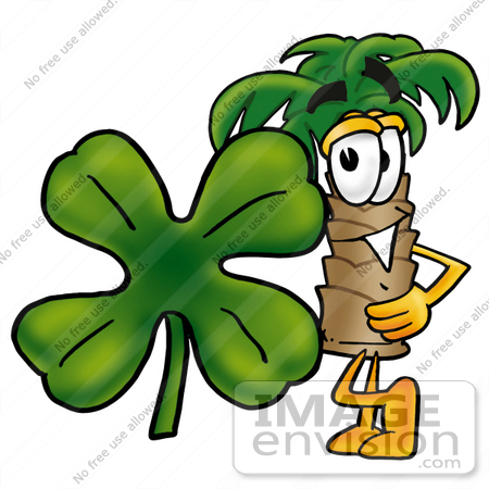 #24978 Clip Art Graphic of a Tropical Palm Tree Cartoon Character With a Green Four Leaf Clover on St Paddy’s or St Patricks Day by toons4biz