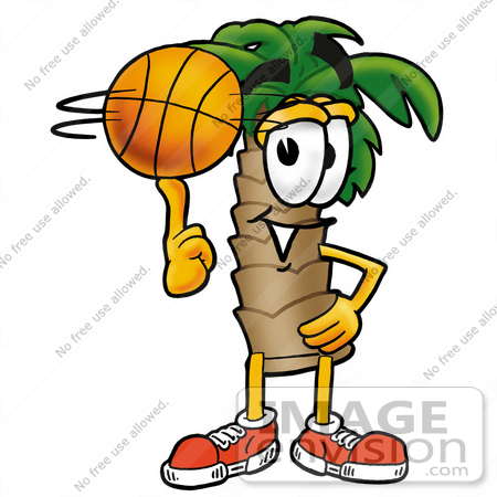 #24980 Clip Art Graphic of a Tropical Palm Tree Cartoon Character Spinning a Basketball on His Finger by toons4biz