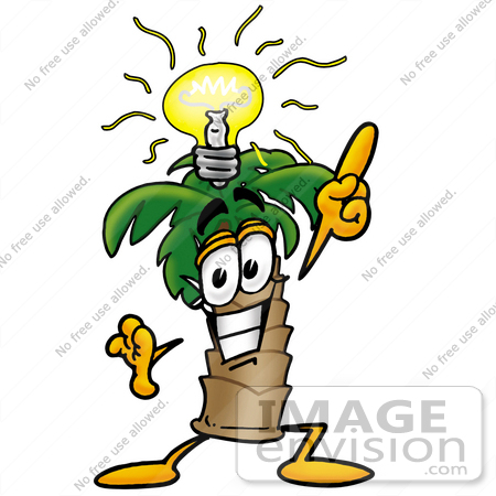 #24981 Clip Art Graphic of a Tropical Palm Tree Cartoon Character With a Bright Idea by toons4biz