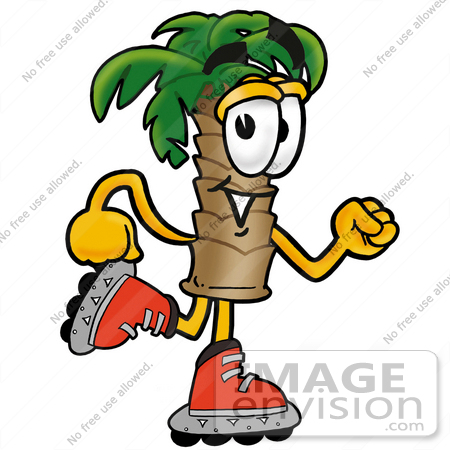 #24982 Clip Art Graphic of a Tropical Palm Tree Cartoon Character Roller Blading on Inline Skates by toons4biz