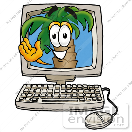 #24985 Clip Art Graphic of a Tropical Palm Tree Cartoon Character Waving From Inside a Computer Screen by toons4biz