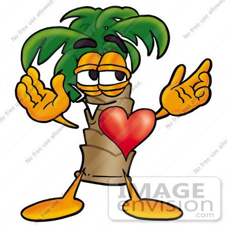 #24988 Clip Art Graphic of a Tropical Palm Tree Cartoon Character With His Heart Beating Out of His Chest by toons4biz