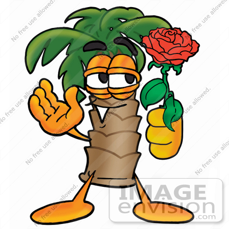 #24989 Clip Art Graphic of a Tropical Palm Tree Cartoon Character Holding a Red Rose on Valentines Day by toons4biz
