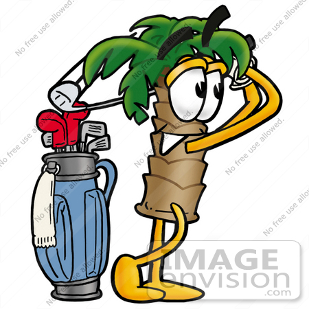 #24990 Clip Art Graphic of a Tropical Palm Tree Cartoon Character Swinging His Golf Club While Golfing by toons4biz
