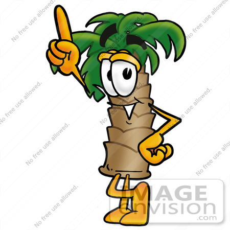 #24991 Clip Art Graphic of a Tropical Palm Tree Cartoon Character Pointing Upwards by toons4biz
