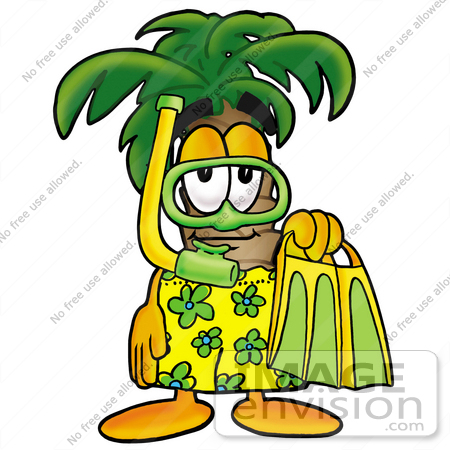 #24992 Clip Art Graphic of a Tropical Palm Tree Cartoon Character in Green and Yellow Snorkel Gear by toons4biz