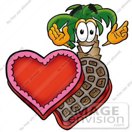 #24993 Clip Art Graphic of a Tropical Palm Tree Cartoon Character With an Open Box of Valentines Day Chocolate Candies by toons4biz