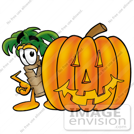 #24995 Clip Art Graphic of a Tropical Palm Tree Cartoon Character With a Carved Halloween Pumpkin by toons4biz