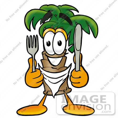 #24996 Clip Art Graphic of a Tropical Palm Tree Cartoon Character Holding a Knife and Fork by toons4biz