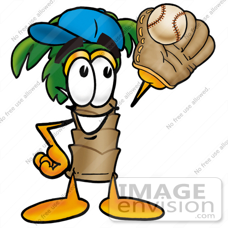 #24997 Clip Art Graphic of a Tropical Palm Tree Cartoon Character Catching a Baseball With a Glove by toons4biz