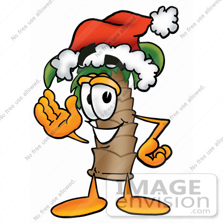 #24998 Clip Art Graphic of a Tropical Palm Tree Cartoon Character Wearing a Santa Hat and Waving by toons4biz