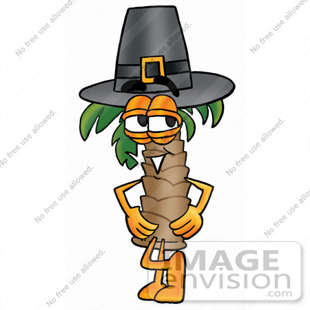 #24999 Clip Art Graphic of a Tropical Palm Tree Cartoon Character Wearing a Pilgrim Hat on Thanksgiving by toons4biz
