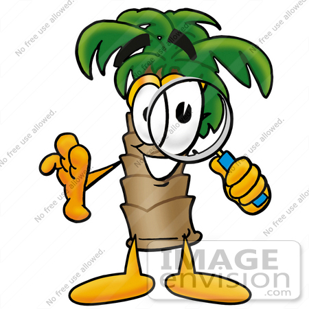 #25000 Clip Art Graphic of a Tropical Palm Tree Cartoon Character Looking Through a Magnifying Glass by toons4biz