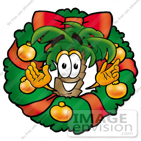 #25002 Clip Art Graphic of a Tropical Palm Tree Cartoon Character in the Center of a Christmas Wreath by toons4biz