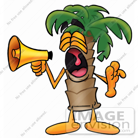 #25005 Clip Art Graphic of a Tropical Palm Tree Cartoon Character Screaming Into a Megaphone by toons4biz