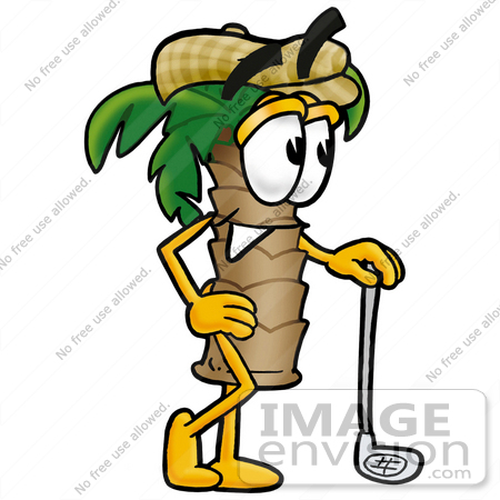 #25006 Clip Art Graphic of a Tropical Palm Tree Cartoon Character Leaning on a Golf Club While Golfing by toons4biz