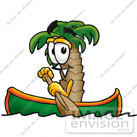 #25007 Clip Art Graphic of a Tropical Palm Tree Cartoon Character Rowing a Boat by toons4biz