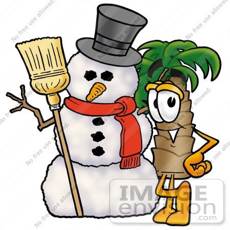 #25008 Clip Art Graphic of a Tropical Palm Tree Cartoon Character With a Snowman on Christmas by toons4biz