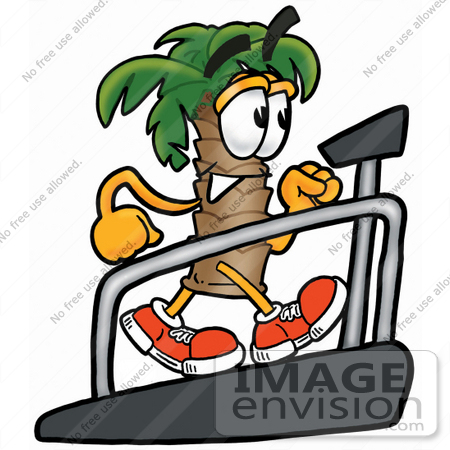 #25010 Clip Art Graphic of a Tropical Palm Tree Cartoon Character Walking on a Treadmill in a Fitness Gym by toons4biz