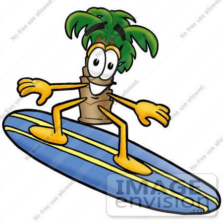 #25011 Clip Art Graphic of a Tropical Palm Tree Cartoon Character Surfing on a Blue and Yellow Surfboard by toons4biz