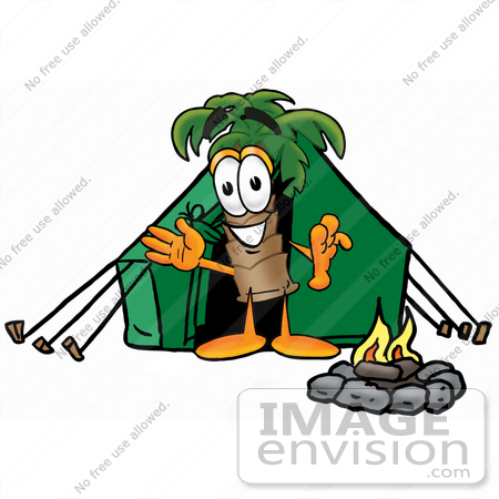 #25012 Clip Art Graphic of a Tropical Palm Tree Cartoon Character Camping With a Tent and Fire by toons4biz