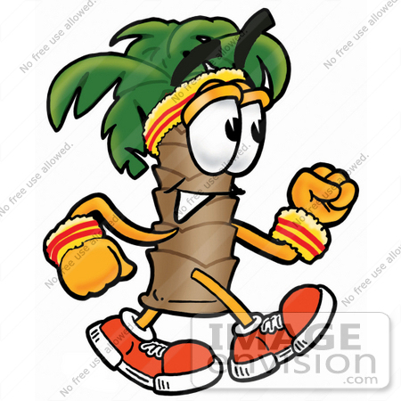 #25015 Clip Art Graphic of a Tropical Palm Tree Cartoon Character Speed Walking or Jogging by toons4biz