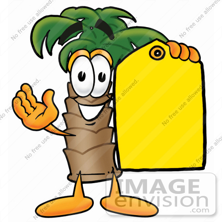 #25017 Clip Art Graphic of a Tropical Palm Tree Cartoon Character Holding a Yellow Sales Price Tag by toons4biz