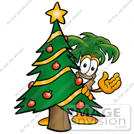 #25019 Clip Art Graphic of a Tropical Palm Tree Cartoon Character Waving and Standing by a Decorated Christmas Tree by toons4biz