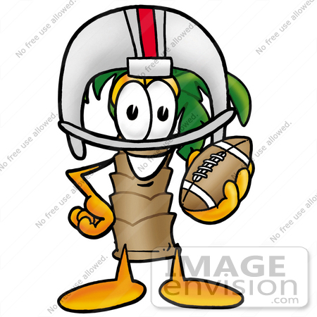 #25020 Clip Art Graphic of a Tropical Palm Tree Cartoon Character in a Helmet, Holding a Football by toons4biz