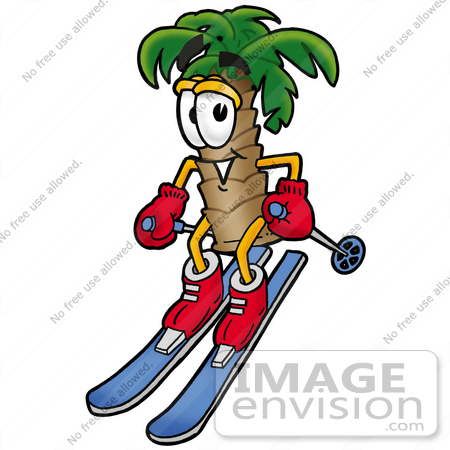 #25021 Clip Art Graphic of a Tropical Palm Tree Cartoon Character Skiing Downhill by toons4biz