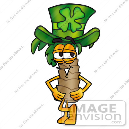 #25023 Clip Art Graphic of a Tropical Palm Tree Cartoon Character Wearing a Saint Patricks Day Hat With a Clover on it by toons4biz