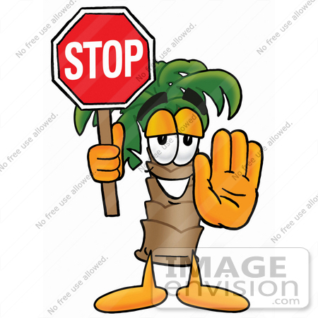 #25024 Clip Art Graphic of a Tropical Palm Tree Cartoon Character Holding a Stop Sign by toons4biz