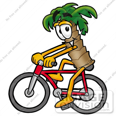 #25025 Clip Art Graphic of a Tropical Palm Tree Cartoon Character Riding a Bicycle by toons4biz