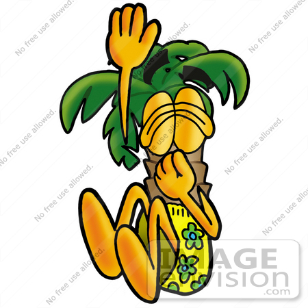 #25026 Clip Art Graphic of a Tropical Palm Tree Cartoon Character Plugging His Nose While Jumping Into Water by toons4biz