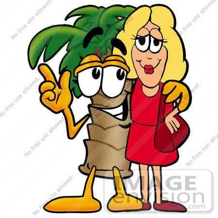 #25027 Clip Art Graphic of a Tropical Palm Tree Cartoon Character Talking to a Pretty Blond Woman by toons4biz
