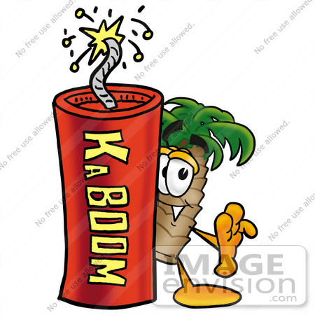 #25030 Clip Art Graphic of a Tropical Palm Tree Cartoon Character Standing With a Lit Stick of Dynamite by toons4biz