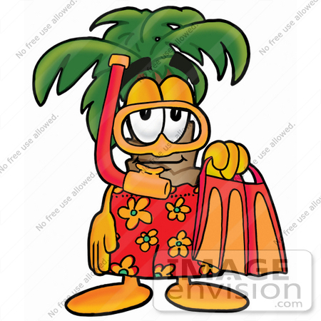 #25031 Clip Art Graphic of a Tropical Palm Tree Cartoon Character in Orange and Red Snorkel Gear by toons4biz