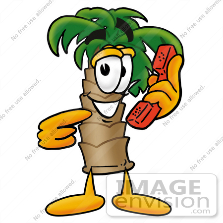 #25034 Clip Art Graphic of a Tropical Palm Tree Cartoon Character Holding a Telephone by toons4biz