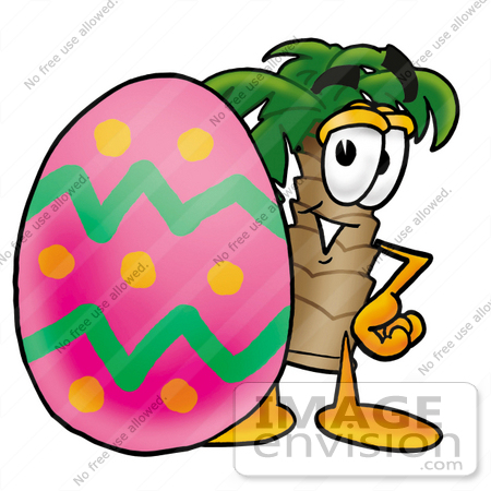#25037 Clip Art Graphic of a Tropical Palm Tree Cartoon Character Standing Beside an Easter Egg by toons4biz